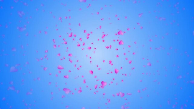 Pink heart shapes being lit up and falling down on blue gradient background. Abstract background for Happy Valentine's day and wedding ceremony.