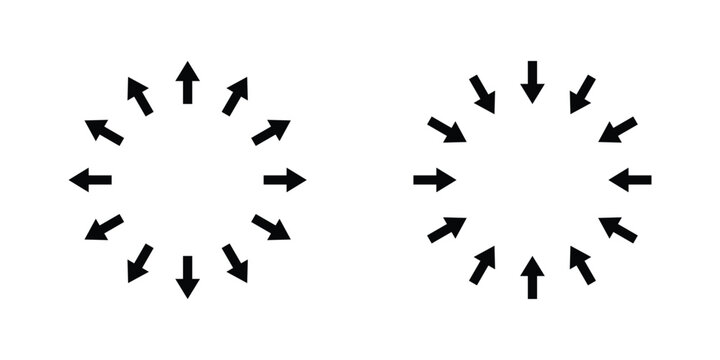 Circular arrow direction icon set. Inward and outward pointing arrows collection. Rotation navigation symbol pack. Vector illustration