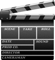 Black and white movie clapperboard or film slate with scene take and roll fields for cinema production and video editing on white background