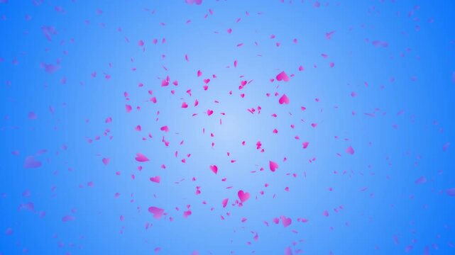 Pink heart shapes being lit up and falling down on blue gradient background. Abstract background for Happy Valentine's day and wedding ceremony.