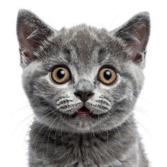 Gray kitten headshot, yellow eyes, white background, mouth open in surprise. Adorable, cute, surprised facial expression