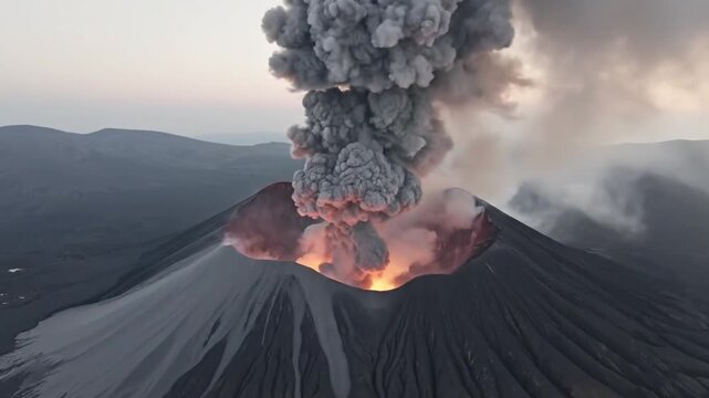 Volcano eruption releasing massive ash cloud into atmosphere, displaying raw power of nature in dramatic 3D rendered artistic representation, showcasing dark landscape and fiery molten lava