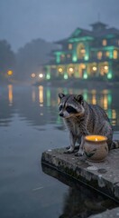 Obraz premium Curious raccoon sitting by a riverside with lantern reflecting distant city lights