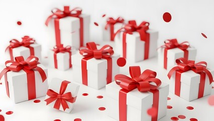 Scattered white gift boxes adorned with red ribbons and falling confetti create a dynamic and festive visual.