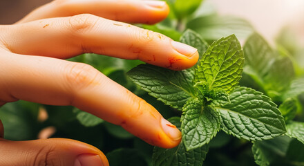 Natural Herbal Wellness: Hand with Saffron Threads and Fresh Mint Leaves