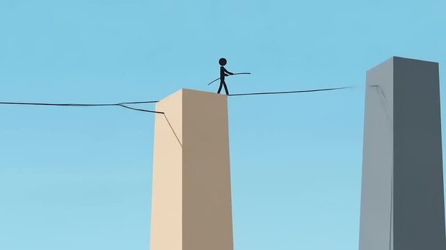 Man Walking on Tightrope Between Buildings.