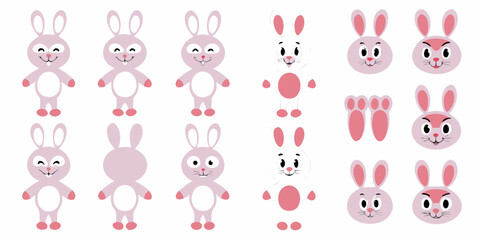 Obraz premium Cute pink bunny rabbit parts and full body illustrations in a row