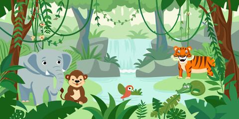 Cartoon jungle scene featuring an elephant tiger monkey and a waterfall © Delip