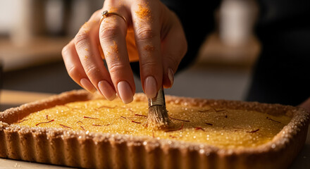 Artisan Saffron Tart Preparation: Hand Brushing Sugar Crystals