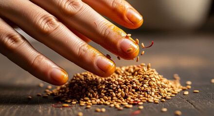 Culinary Preparation: Hand Adding Sesame Seeds, Fingers Stained with Turmeric and Saffron