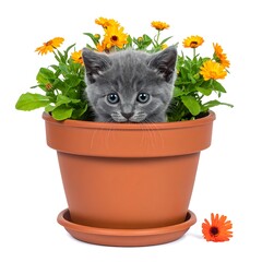 Gray kitten hiding in a brown clay pot with orange flowers, isolated on white