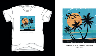 Hawaii sunset beach summer session ocean drive t-shirt design with tropical palms and vintage landscape © T-shirts Zone