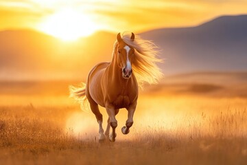 Obraz premium Majestic horse galloping through beach waves at sunrise