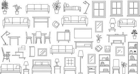 Collection of furniture and home decor line drawings isolated on transparent background © SampaRani