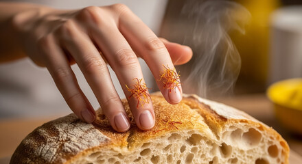 Freshly Baked Artisanal Sourdough Bread with Steaming Crust and a Golden Touch