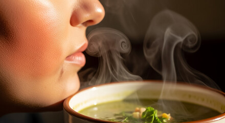 Close-up of Person Smelling the Steaming Aroma of Hot, Healthy Soup