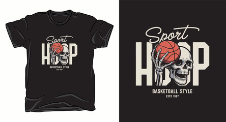 Sport hoop basketball style tshirt design featuring skeleton hand holding ball and skull illustration © T-shirts Zone