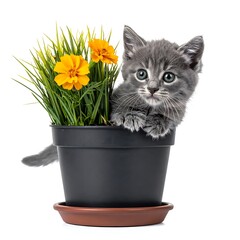 Gray kitten perched within a black planter filled with vibrant orange flowers and verdant greenery, on white
