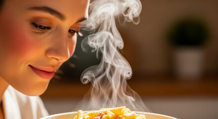 Young Woman Savoring the Aromatic Steam of Freshly Cooked Pasta
