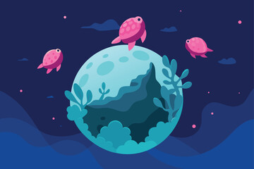 Moon Shaped Island Surrounded By Pink Coral Reef