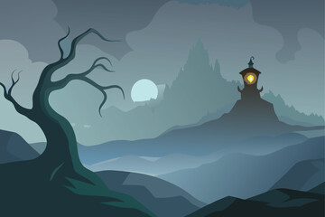 Misty Moor With Single Flickering Lantern