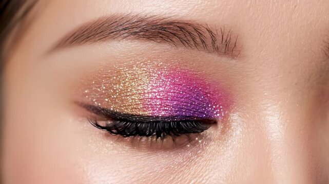 Close-up of a closed eye with vibrant glitter eyeshadow in gold, pink, and purple hues.
