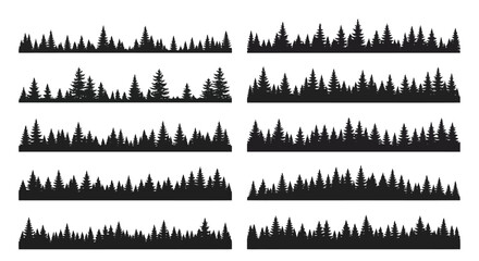 Obraz premium Collection of Silhouetted Evergreen Forest Borders.