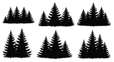 Obraz premium Collection of Black Silhouette Evergreen Pine Trees.