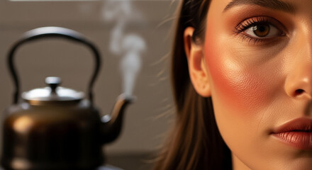 Warm Tones: Close-up of Artistic Orange Eyeshadow with Steaming Kettle