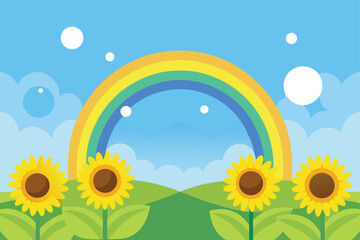 Peaceful Sunflower Field Under Double Rainbow