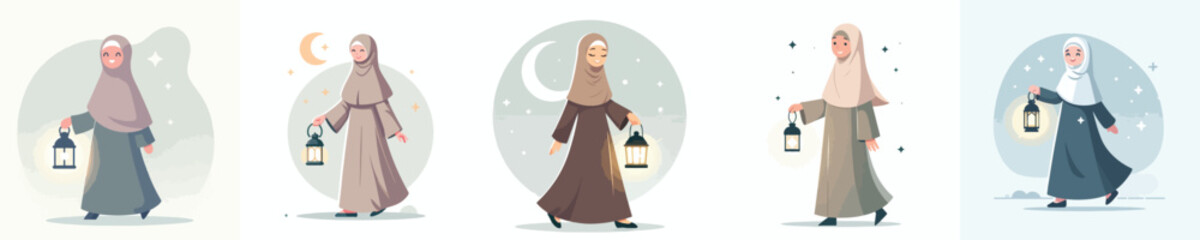 vector muslim woman walking holding ramadan lantern