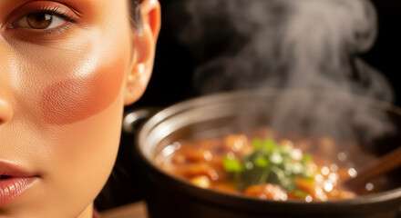 Woman with Vibrant Artistic Makeup and Steaming Comfort Food