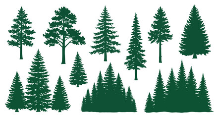 Fototapeta premium Collection of Diverse Evergreen Tree Silhouettes in Dark Green.