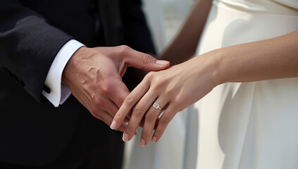 Intimate close-up of a couple’s hands during a wedding ceremony, groom gently holding the bride’s hand with elegant ring, white bridal gown visible
