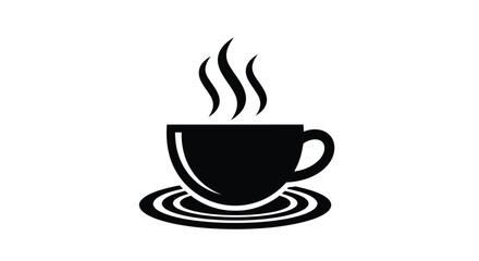 Obraz premium Black and white vector icon depicting a steaming hot beverage cup resting securely on a matching saucer indicating warmth and refreshment readiness for morning or afternoon break time.