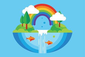 Rainbow Waterfall Pouring From Floating Island