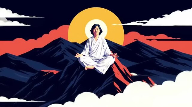 Meditating Person on Mountain Peak with Clouds.