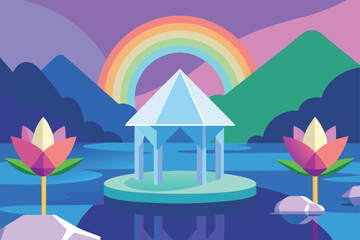 Serene Lake With Rainbow Lotus Flowers And Crystal Reflections