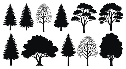 Collection of Diverse Tree Silhouettes in Black and White.