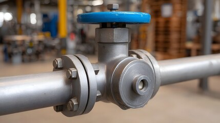 Fototapeta premium A close up of a metallic industrial pipeline with a blue handled valve and flanges in a factory setting