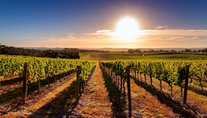 a vineyard in south australia barossa valley with rows of grapevines stretching into the horizon under a golden sun