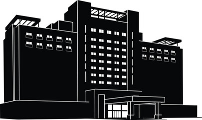 Black and white architectural illustration of a modern office building with many windows and a sleek design, viewed from the front