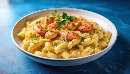 delicious lobster macaroni and cheese beautifully presented in a white bowl garnished with fresh herbs and breadcrumbs resting on a light blue table surface