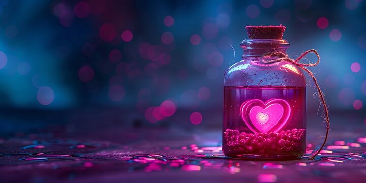 Magical potion bottle glowing with a radiant heart, symbolizing love and enchantment.