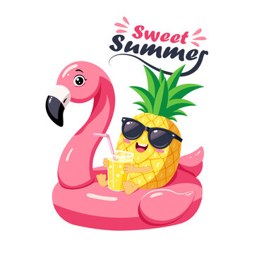 Cheerful pineapple on pink flamingo. Summer print.