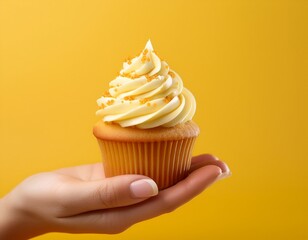 a hand holding a delicious cupcake with creamy frosting against a bright yellow background showcasing the dessert beautifully