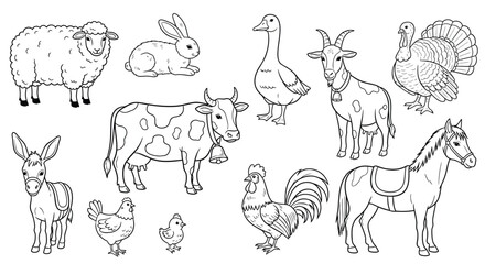 Obraz premium Collection of charming black and white outline drawings featuring various domestic farm animals perfect for children's coloring books and educational materials illustrating barnyard life.
