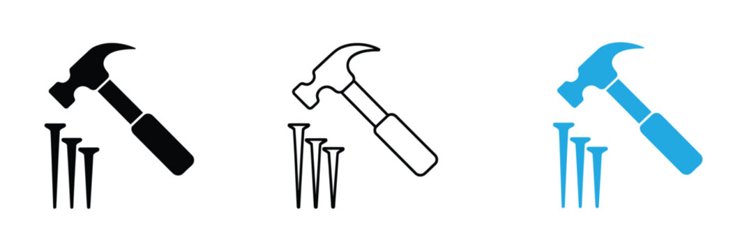 Simple black and white line icon illustrating a hammer striking a nail for construction or repair work. Hammers and nails in various styles for construction and DIY projects