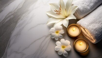 luxurious spa composition with white flower flickering candles soft towels and a clean space for copy on a marble texture
