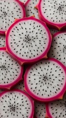 Exotic Dragon Fruit Slices with White Pulp and Black Seeds Background